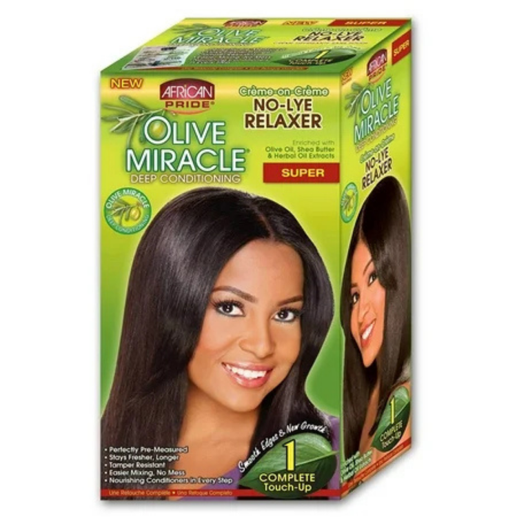 African Pride Olive Miracle deep conditioning No Lye relaxer for hair, shown in the image with packaging.