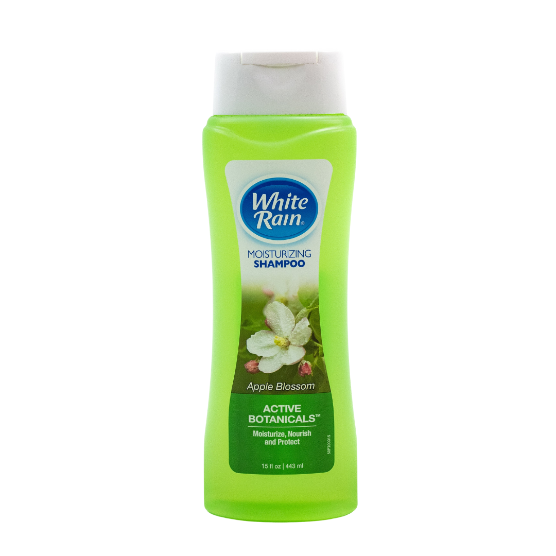 White Rain Moisturizing Shampoo with Apple Blossom scent in a 15oz bottle, featuring white and pink packaging.