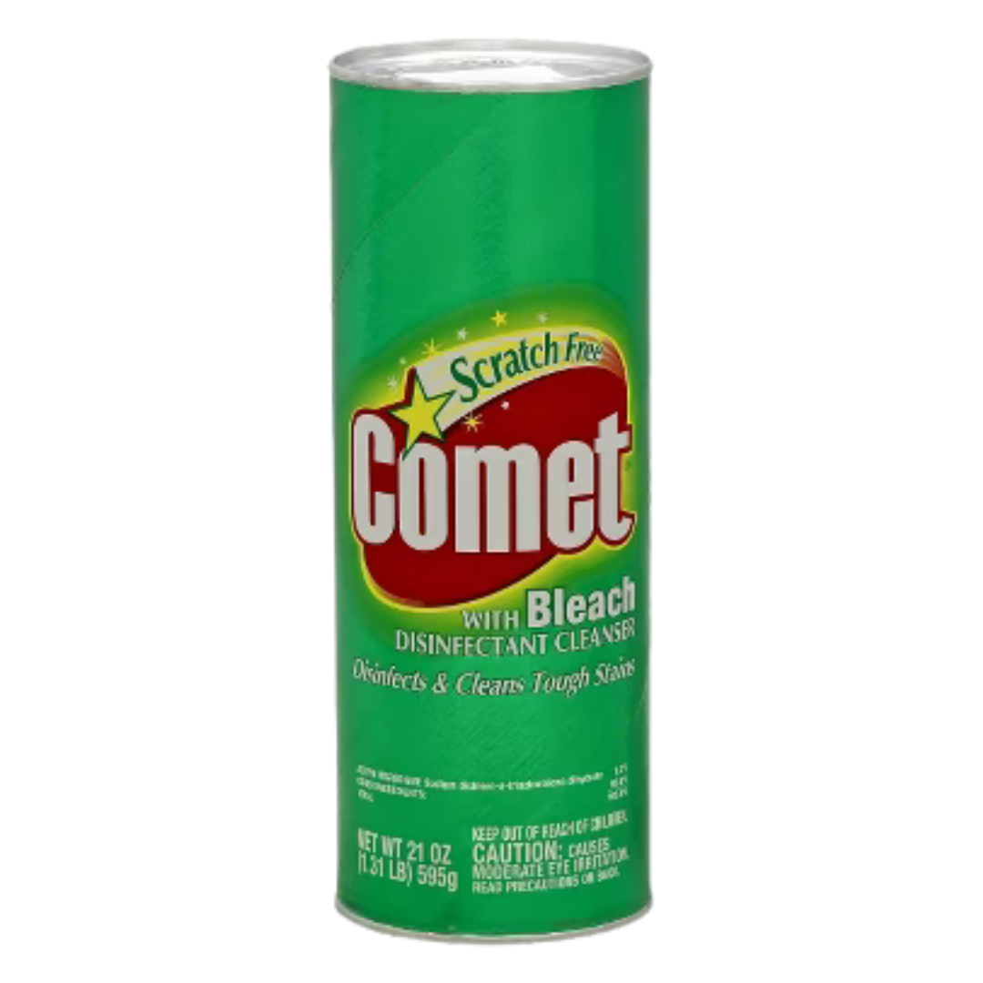 Comet Disinfectant Cleanser Powder with Bleach in 21oz container, white powder for cleaning and disinfecting surfaces.