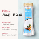 Carres Coconut and Jojoba Oil Body Wash bottle from Farmacias Savia with label and pump dispenser.