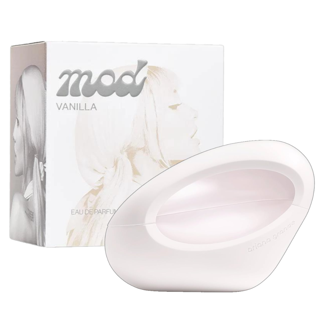 Ariana Grande Mod Vanilla Eau de Parfum spray bottle for women, featuring a sleek design and floral accents, 3.4 fl oz.