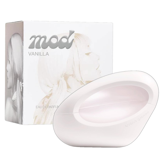 Ariana Grande Mod Vanilla Eau de Parfum spray bottle for women, featuring a sleek design and floral accents, 3.4 fl oz.