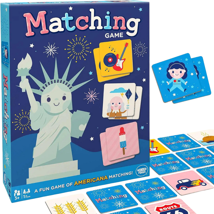 Wonder Forge Americana Edition matching game for kids ages 3 and up, featuring colorful patriotic-themed cards.