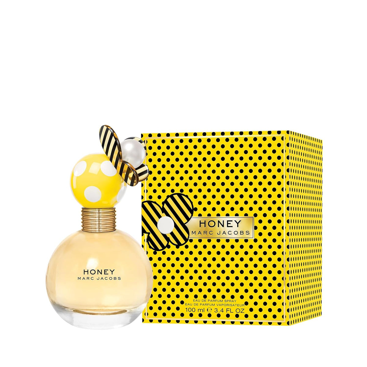 Marc Jacobs Honey Eau de Parfum 3.4 oz bottle, stylish design, with golden accents and floral details, for women.