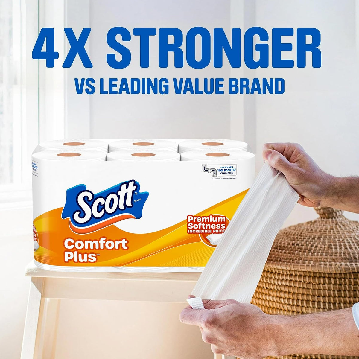 Scott ComfortPlus toilet paper from Farmacias Savia, 6 mega rolls, 310 sheets per roll, septic-safe, 1-ply bath tissue.