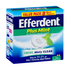 Efferdent Plus Mint Denture Cleanser Tablets 44 count in a clear plastic container with green and white labeling.