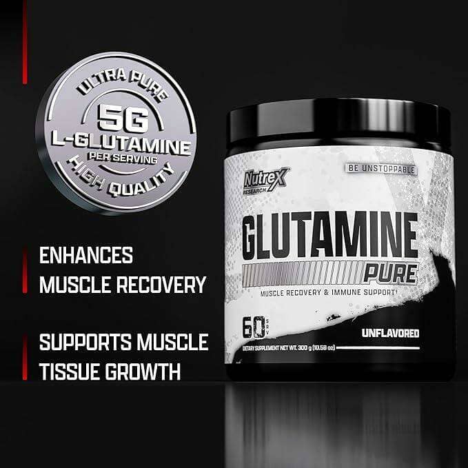 Close-up of Nutrex Glutamine Pure supplement container, highlighting its joint support benefits and 60 servings label.