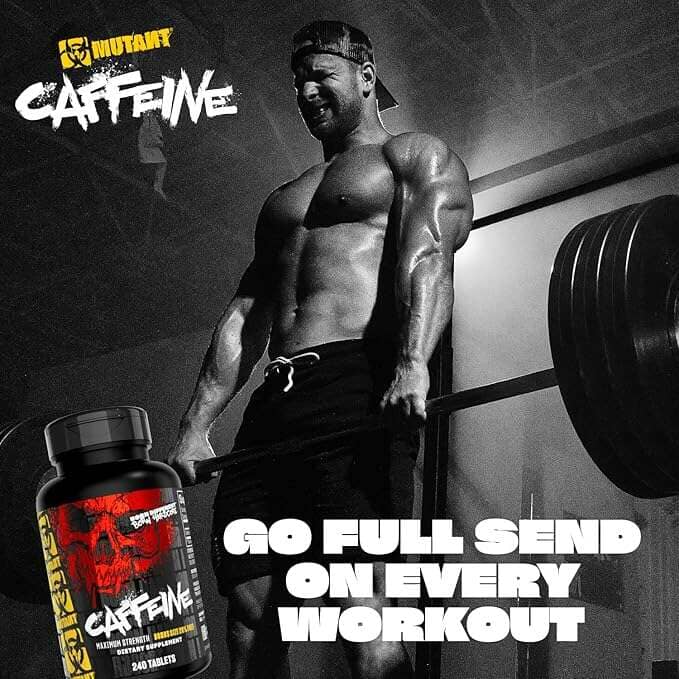 Mutant Caffeine pre-workout tablets by PoorBoySupplements.com, 240 tablets in a container, with label and tablets visible.