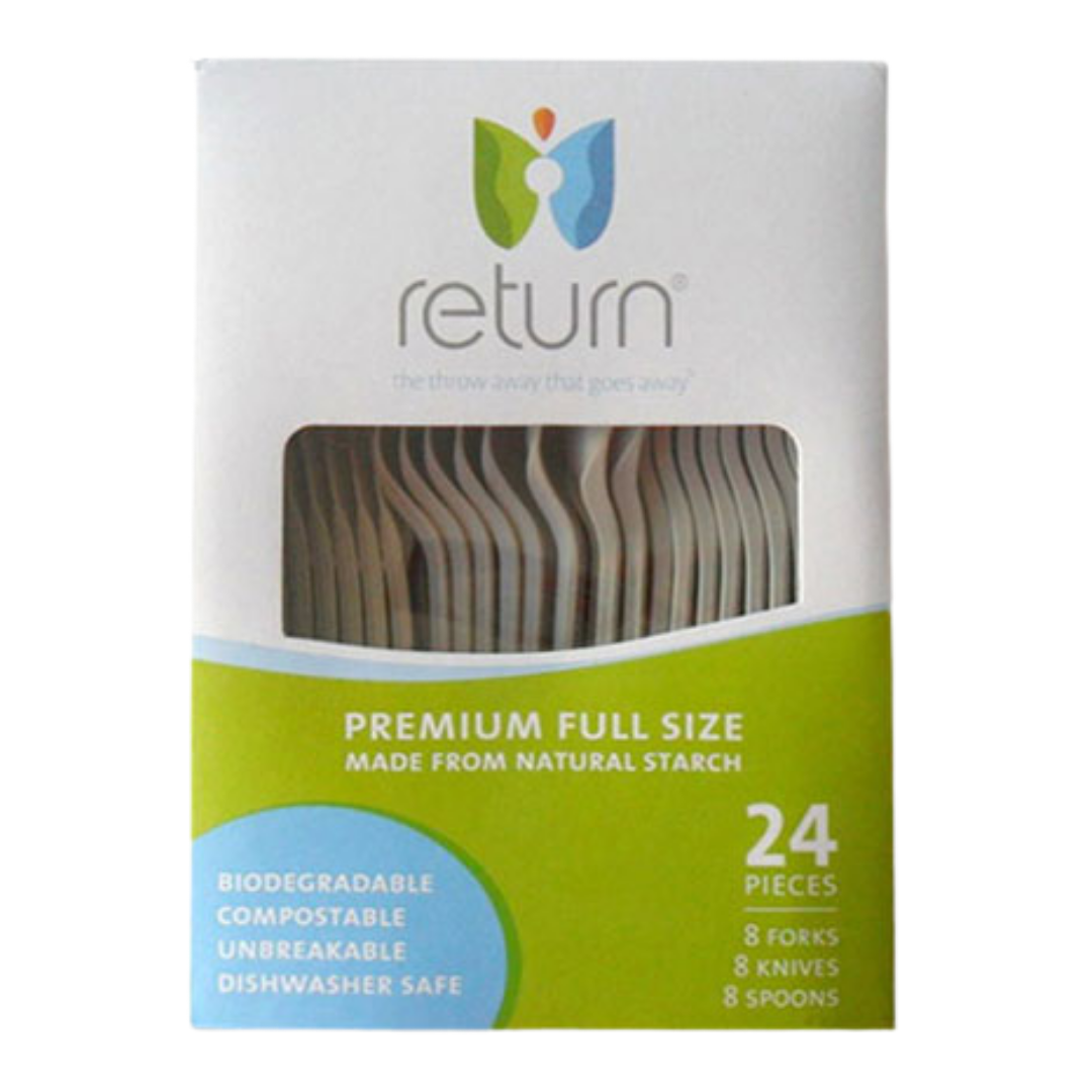 Biodegradable cutlery set with 24 pieces, including forks, knives, and spoons, from Farmacias Savia.