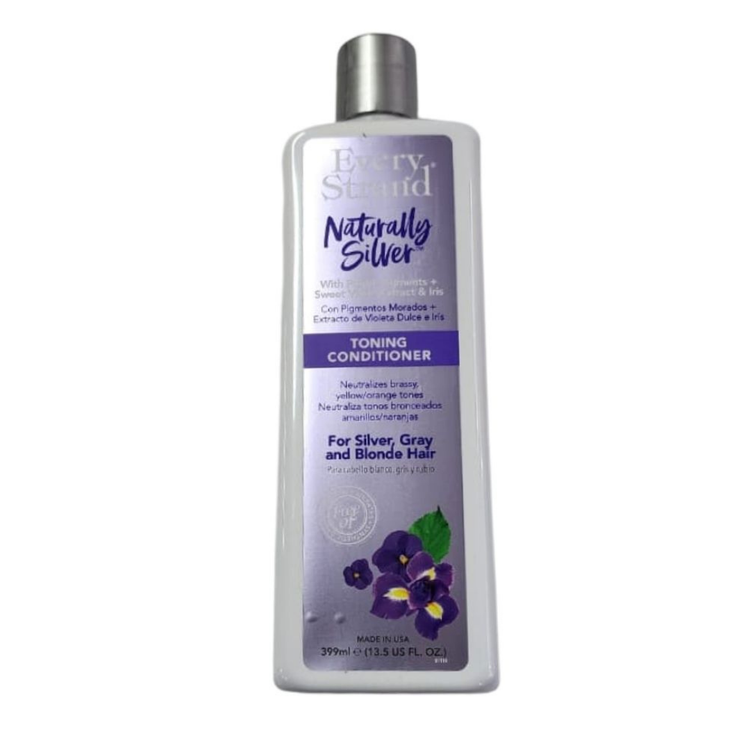 Farmacias Savia Every Strand Naturally Silver Purple Conditioner bottle with purple and silver packaging, designed for silver and gray hair.