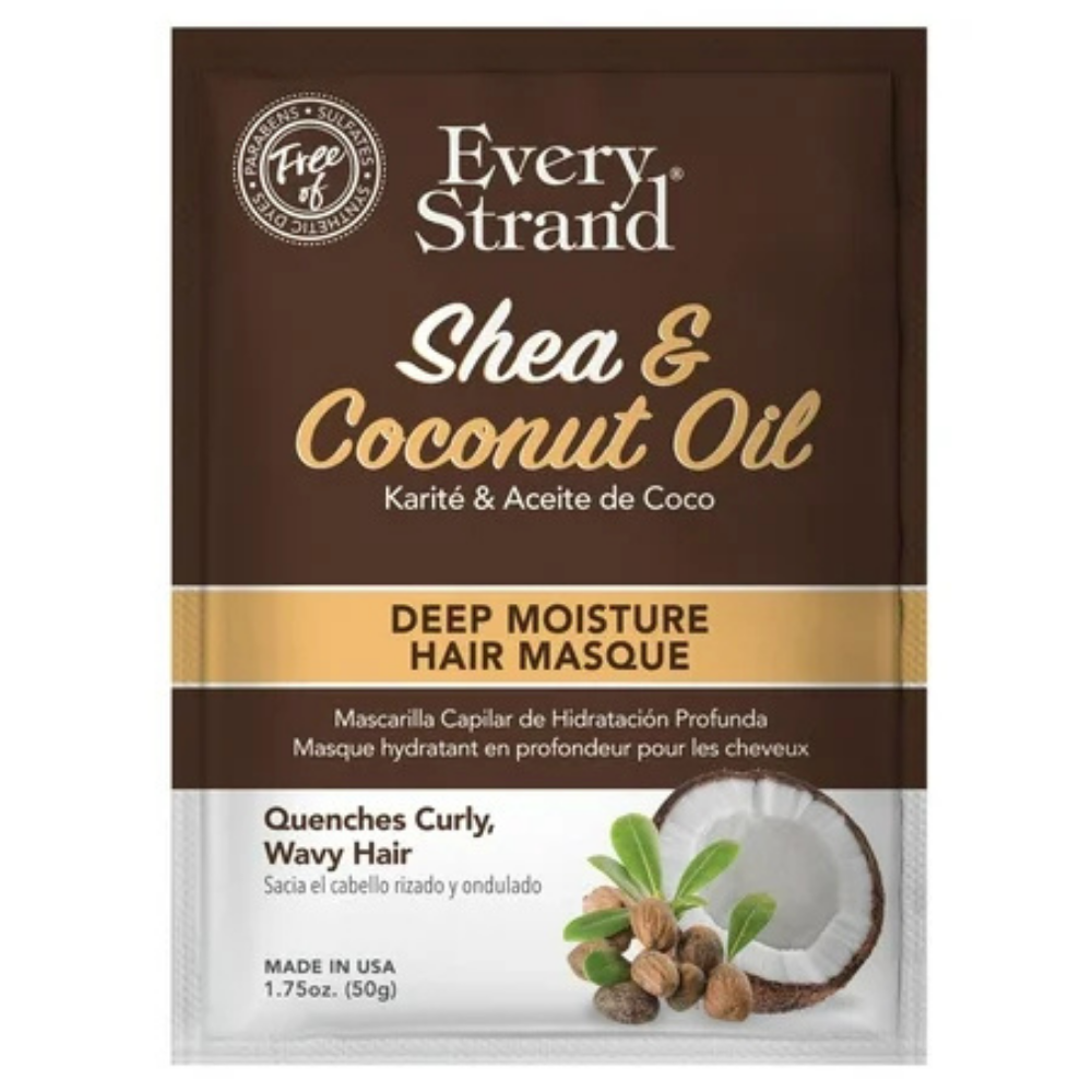 Farmacias Savia Shea & Coconut Oil Deep Moisture Hair Masque in 1.75 oz sachet, nourishing hair with natural Shea and coconut oils.