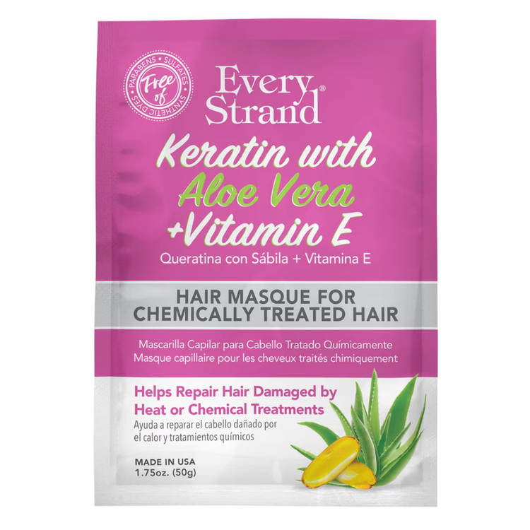 Farmacias Savia Keratin with Aloe Vera and Vitamin E hair masque in 1.75 oz container, showing the product packaging and label.