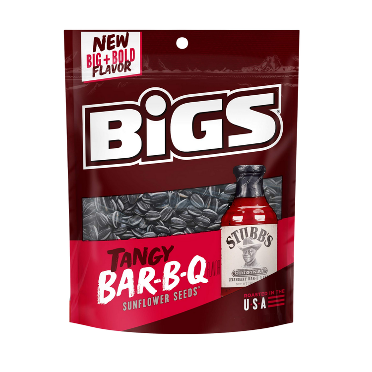 Bigs Sunflower Seeds Tangy BBQ flavor in 5.35oz bag, featuring roasted sunflower seeds with smoky barbecue seasoning.