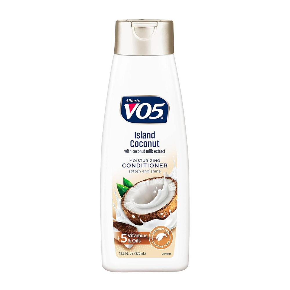 Alberto VO5 Island Coconut moisturizing conditioner in 12.5oz bottle, for nourishing hair, displayed in a natural setting