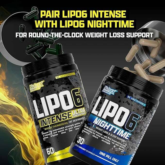 Nutrex LIPO-6 Intense Ultra Concentrate weight loss supplement capsules, 60-count, with vibrant packaging and capsules visible.