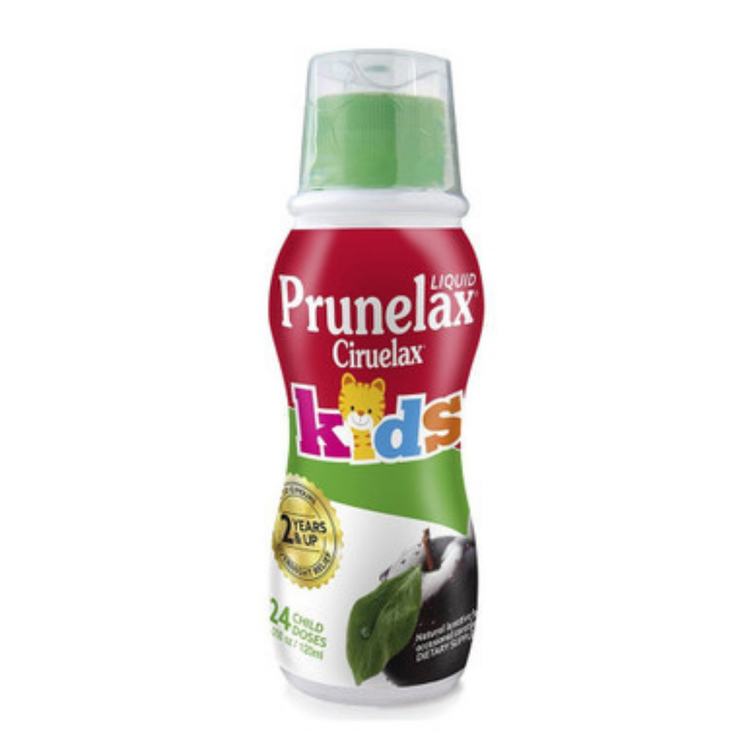 Prunelax Ciruelax Kids liquid laxative in 4.05 fl oz bottle, featuring a colorful label with fruit illustrations and a child-friendly design.