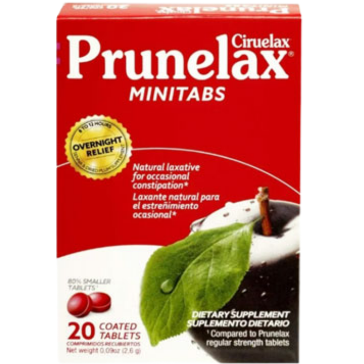 Prunelax Mini Tabs Laxative pack with 20 tablets by Farmacias Savia, showing the blister pack and tablets on a white background.