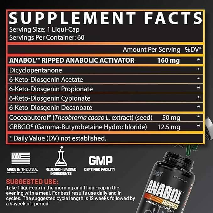 Nutrex Anabol Ripped testosterone booster supplement bottle with 60 caps, designed to support muscle growth and energy levels.