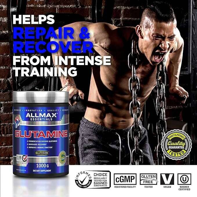 Allmax Glutamine joint support supplement bottle with 80 servings, featuring a white label and green accents, on a white background.