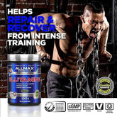 Allmax Glutamine joint support supplement bottle with 80 servings, featuring a white label and green accents, on a white background.