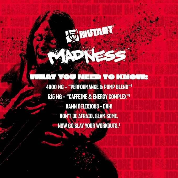 Pre-workout supplement Mutant Madness by PoorBoySupplements.com in 30-serving container with label showing vibrant design and branding.