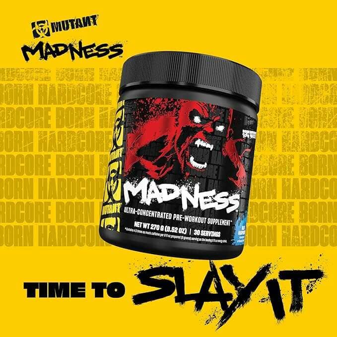 Pre-workout supplement Mutant Madness with 30 servings in a product container, designed for energy and performance enhancement.