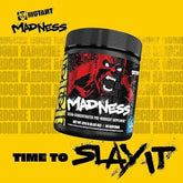 Pre-workout supplement Mutant Madness with 30 servings in a product container, designed for energy and performance enhancement.