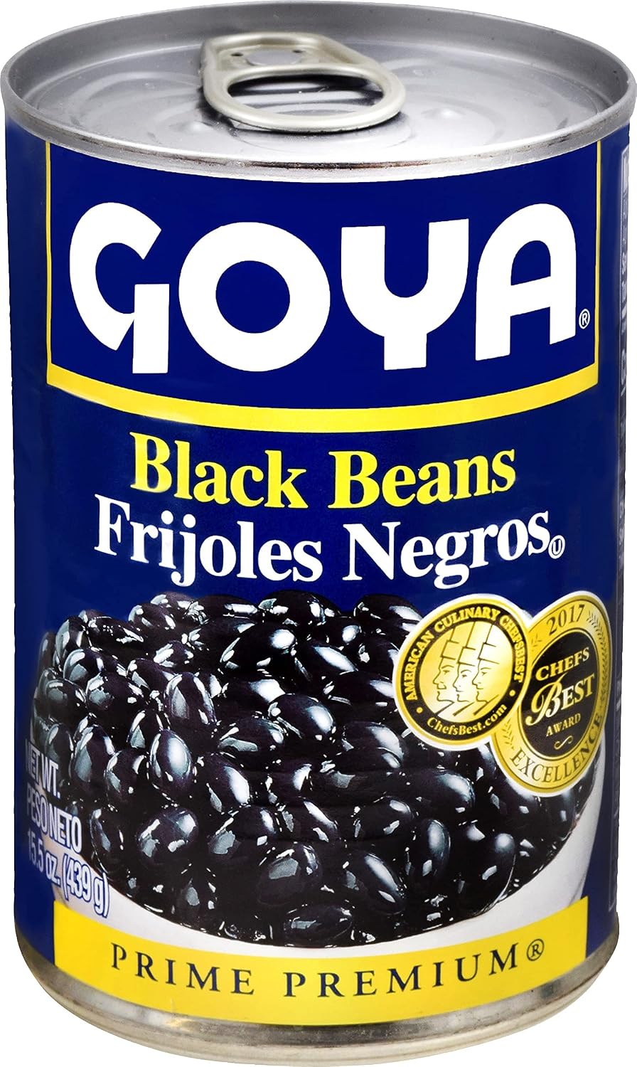 Canned Goya black beans in 15.5 oz can, showing the label with black beans and product details.