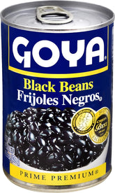 Canned Goya black beans in 15.5 oz can, showing the label with black beans and product details.