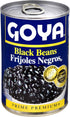 Canned Goya black beans in 15.5 oz can, showing the label with black beans and product details.