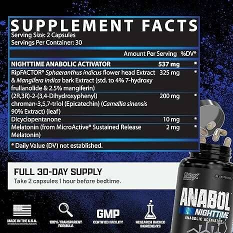 Bottle of Nutrex Anabol NightTime testosterone booster capsules with label visible, 60 caps in a clear container.