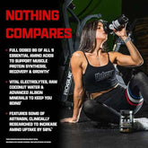 Nutrex EAA+ Hydration BCAA amino acids powder in a container with a scoop, designed for muscle recovery and hydration.