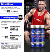 Allmax Glutamine joint support supplement bottle with 80 servings, showing the label and product packaging.