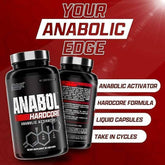 Testosterone booster supplement bottle labeled Nutrex Anabol Hardcore with 60 capsules, designed for muscle growth and strength.