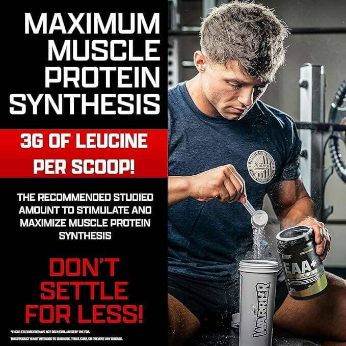 Nutrex EAA+ Hydration BCAA and amino acids supplement container with label showing 30 servings, designed for hydration and recovery.