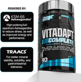 Nutrex Vitadapt Complete vitamins and herbs supplement in a bottle with 90 capsules, designed to support overall wellness.