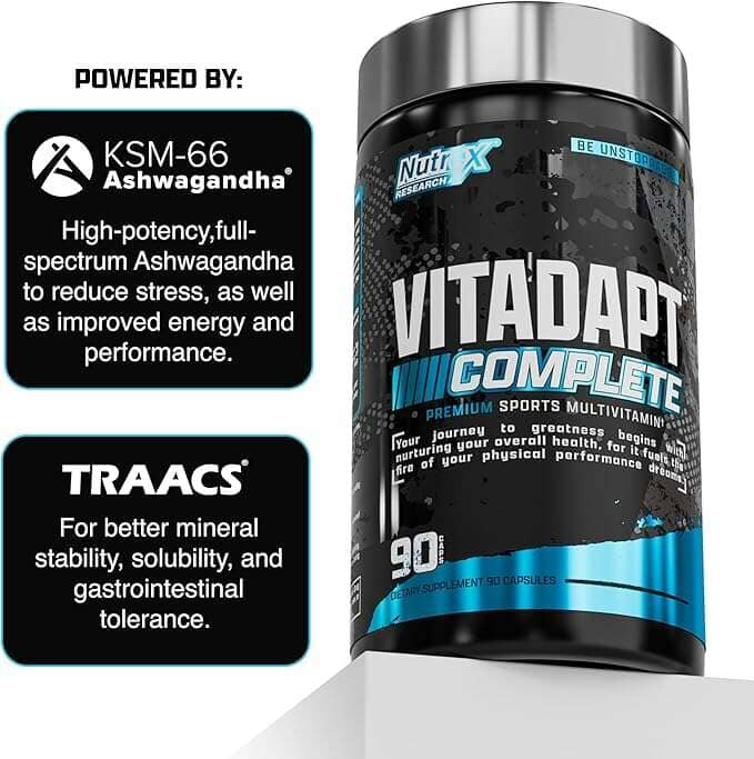 Nutrex Vitadapt Complete vitamins and herbs supplement in a bottle with 90 capsules, designed to support overall wellness.