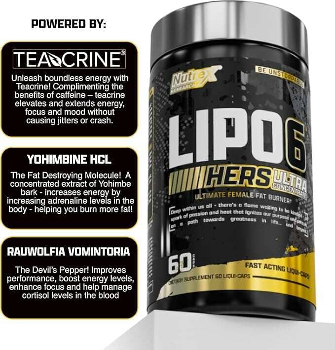 Nutrex LIPO-6 Hers Ultra Concentrate weight loss supplement bottle with 60 capsules, designed for female fat burning and energy.