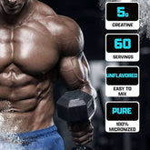 Creatine Monohydrate supplement by PoorBoySupplements.com, showing a container of Nutrex Creatine Kre-Alkalyn with 60 servings.