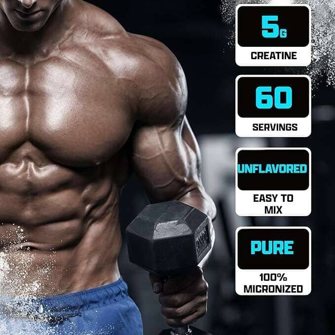 Creatine Monohydrate supplement by PoorBoySupplements.com, showing a container of Nutrex Creatine Kre-Alkalyn with 60 servings.