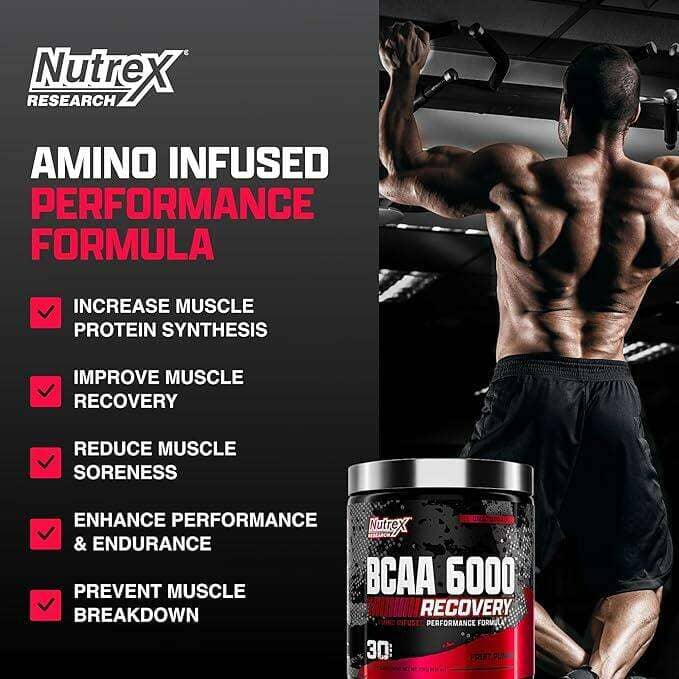 Bottle of Nutrex BCAA 6000 Recovery amino acids supplement with 30 servings, featuring a label with blue and white design.