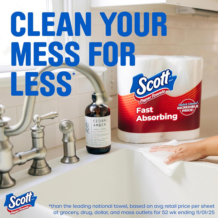 Farmacias Savia Scott Choose-A-Sheet Paper Towels, white, 62 sheets per roll, in a carton of 6 rolls, with bath tissue style packaging.