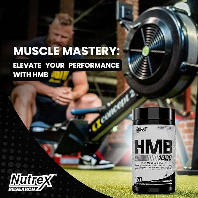 Nutrex HMB 1000 testosterone booster supplement in 120 capsules, shown in a container with label and capsules inside.