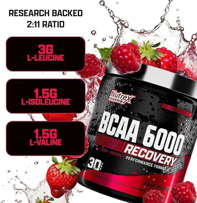 BCAA 6000 Recovery supplement by Nutrex, featuring amino acids, in a container with 30 servings for muscle recovery.