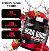 BCAA 6000 Recovery supplement by Nutrex, featuring amino acids, in a container with 30 servings for muscle recovery.