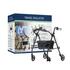 Drive Medical black travel rollator with four wheels and hand brakes, designed for mobility and support.