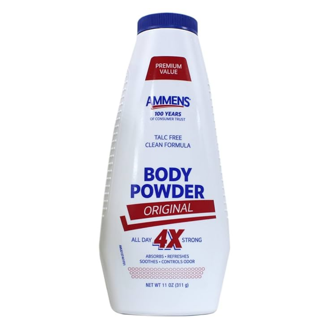 Ammens Medicated Powder Original in an 11oz container, featuring a white and blue label with the brand name and product details.