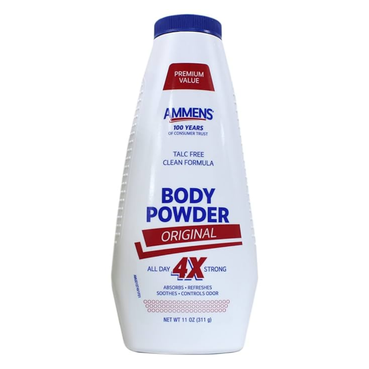 Ammens Medicated Powder Original in an 11oz container, featuring a white and blue label with the brand name and product details.