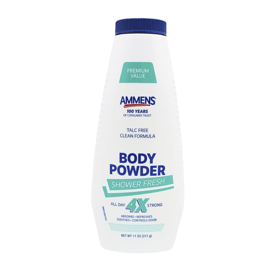 Ammens Medicated Powder Shower Fresh in an 11oz container, with a clean, fresh scent and soothing medicated formula.