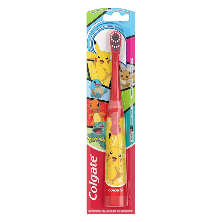 Colgate Pokémon toothbrush featuring colorful character design for kids, with soft bristles for gentle cleaning.